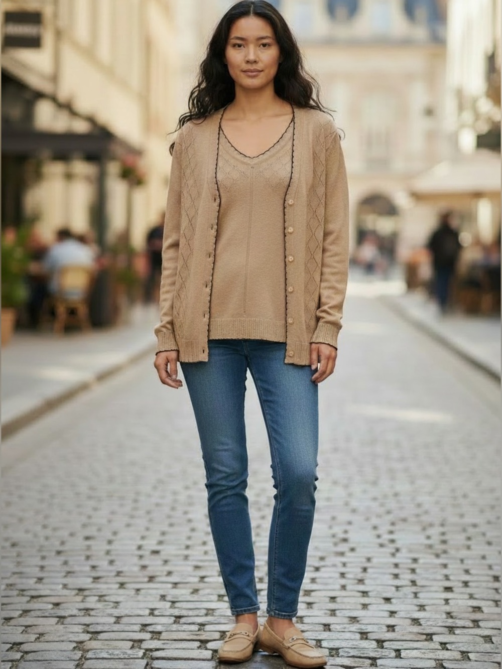Doncaster 2 Piece Sweater Set in Tan with Black Trim Cardigan and Tank (TSE-H)